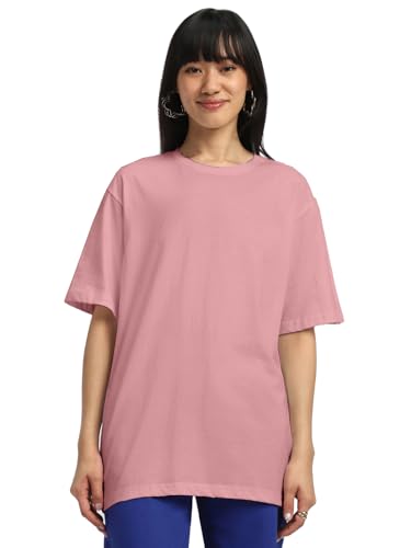 Image of JUNEBERRY Pure Cotton Oversized Baggy Fit Half Sleeve Drop Shoulder Plain Solid Round Neck T-Shirt for Women (Available in Black, White, Lilac, Cork, Maroon, Royal Blue, Swan White, Soap Nut Colors)