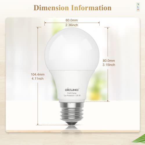 DiCUNO ProOE A19 LED Bulbs 60W Equivalent, 5000K Daylight White, 806 Lumens 9W LED Light Bulb, High CRI 98, Non-dimmable, 100-240V, E26 Medium Base, Frosted, Pack of 6