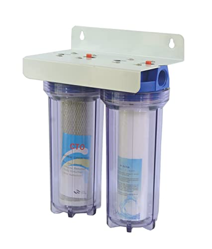Image of RiverSoft 2-Stage Pre-Filter System with Inbuilt Mounting Clamp | PP Spun Cartridge and CTO Cartridge | Inline /Under-Sink Filter (Transparent Housing, 1-Inch Inlet /Outlet, PP)
