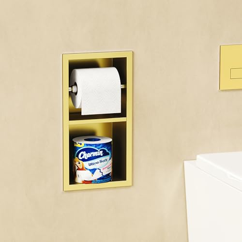 Qeke Recessed Toilet Paper Holder, 304 Stainless Steel Bathroom Toilet Paper Holder with Storage, in Wall Tissue Toilet Roll Holder, 2 Layers, Brushed Golden
