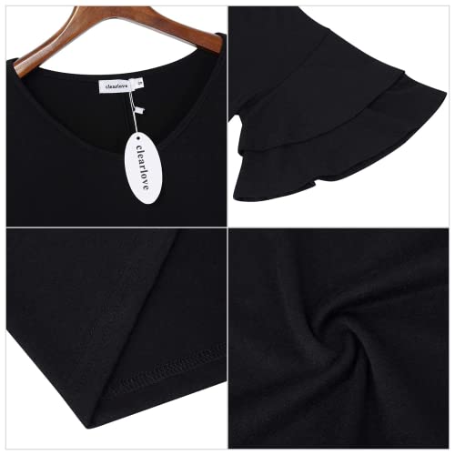 Clearlove Summer Women's V Neck Top Blouse Casual Ruffle Bell Sleeve Loose Blouse Shirt Tops Black #TOP5