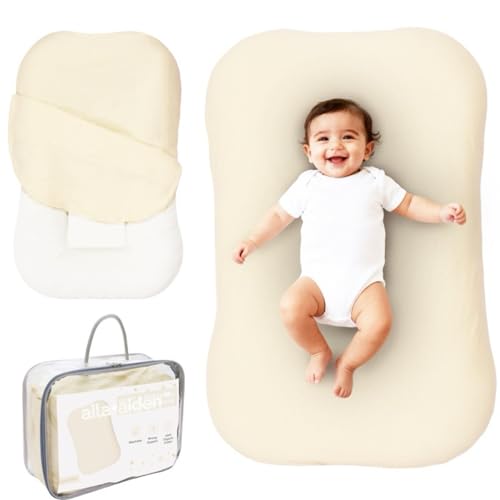 Image of Aila + Aiden Baby Lounger | Organic Cotton Infant Lounger | Adjustable & Portable Floor Lounger |Supervised Use | Soft, Breathable, Washable Cover - Snuggle Collection - (Cream)