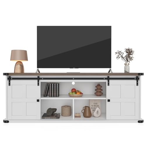 70 in TV Stand for 75 in TVs, Farmhouse Entertainment Center and Media Furniture with Sliding Barn Doors & Storage Cabinets, Mid Century Modern TV Console Table for Living Room Bedroom (white+coffee)