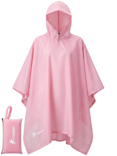 Image of PTEROMY Hooded Rain Poncho for Adult, Waterproof Lightweight Unisex Raincoat for Hiking Camping Emergency