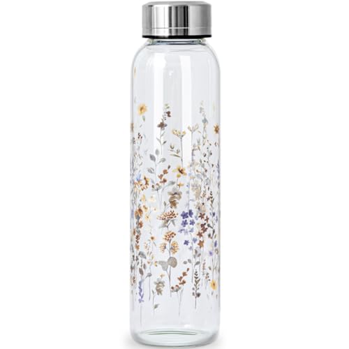 Clear Water Bottle 16 oz BPA Free Glass Drinking Bottle for Juice with Stainless Steel Lid and Neoprene Sleeve (16 ounce, Flourishing Flowers)