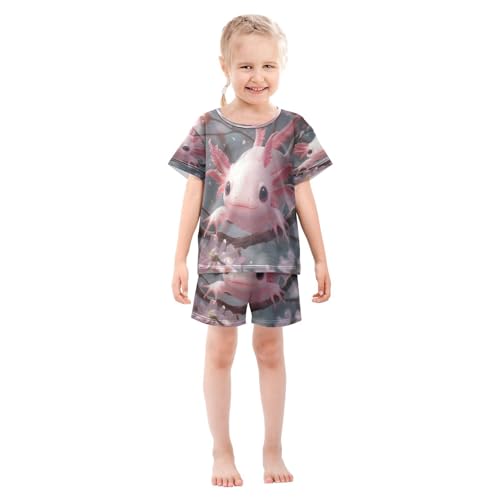 Pajama Sets Short Sleeve Kawaii Pink Axolotl Cherry Blossoms Soft Cotton Summer Sleepwear 2 Piece PJS Size 5-14T4