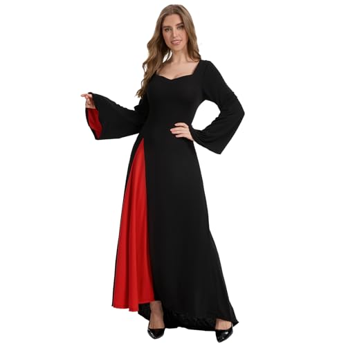 Womens Long Black Velvet Dress Vintage Gothic Long Sleeve Witch Dress for Halloween Cosplay Party (Black XL)