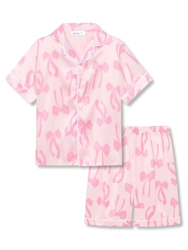 Beezizac Little & Big Girls Satin Silky Button Pajama Summer Short Sleeves Set Trendy Outfit Kid Size 6-16