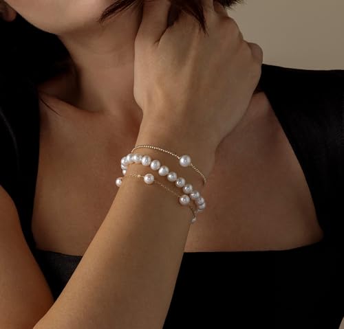 The Pearl Source White Freshwater Pearl Bracelet for Women - Cultured Pearl Bracelet in 585 Gold 14K Plated Sterling Silver Clasp with Genuine Cultured Pearls, 7.0-7.5mm