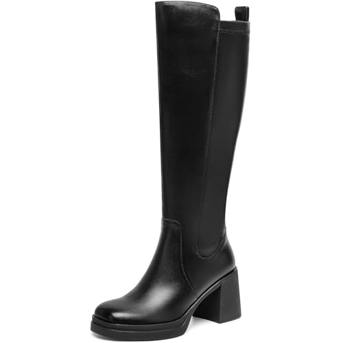 Knee High Boots Women Platform Chunky Heel Square Toe Tall Boot for Women High Heeled Side Zipper Long Boots