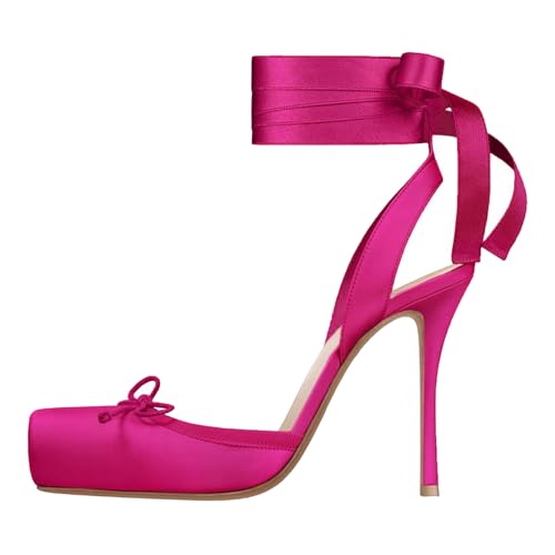 Women's Satin Ballet Slingback High Heels with Bows Closed Square Toe Lace-Up Stiletto Pumps Elegant Mary Jane Shoes for Wedding Party Hot Pink