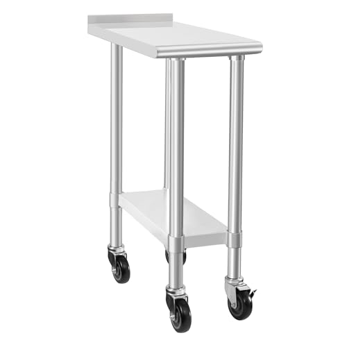Image of HARDURA Stainless Steel Commercial Work Table with Wheels Prep & Work Metal Table 30x12 Inches Heavy Duty NSF with Casters and 2 inch Backsplash