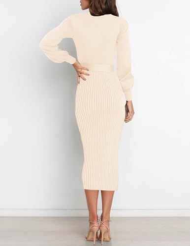 HAEOF Womens 2025 Fall Bodycon Midi Sweater Dress Ribbed Knit Trendy Puff Long Sleeve Winter Business Casual Work Dresses4