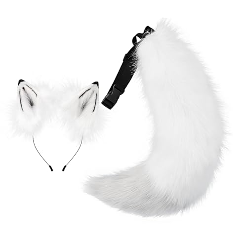 Fox Ears and Tail Set Faux Fur Adjustable Fox Ear Headband & Poseable Tail for Cosplay Halloween Costume