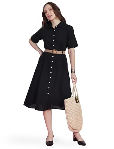 Image of FYLTR Women's Solid Midi Dress - 100% Cotton | Half Sleeve | Western Dress for Women | Office wear Dress (Belt Included)