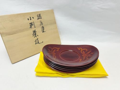 輪島塗　茶托　5客　沈金　茶道具 輪島塗 茶托 5客 朱塗り 沈金入り 共箱 煎茶道具 茶道具 天然木 木