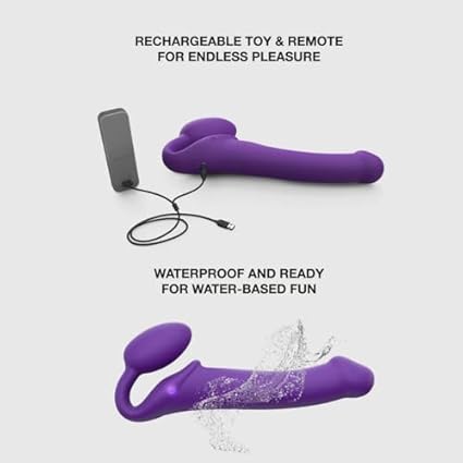Strap-on con 3 motores de vibración independientes – control remoto inalámbrico – silicona flexible – recargable e impermeable – experiencia en pareja – Strap-On-Me (Morado, M)