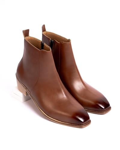 Image of LOZANO Italian Cut Classic Leather Chelsea Boots for Men | High Ankle Cuban Heel Square Toe Zip Closure Cushioned Insole Boot