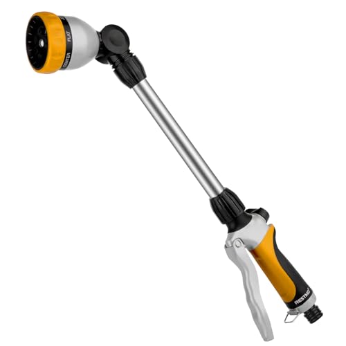RESTMO 48cm Watering Lance Hose Pipe Spray Gun Long Metal Spray Lance | 180 Adjustable Ratcheting Head | 7 Spray Patterns Garden Hose Wand for Water Hanging Baskets Shrubs Yellow