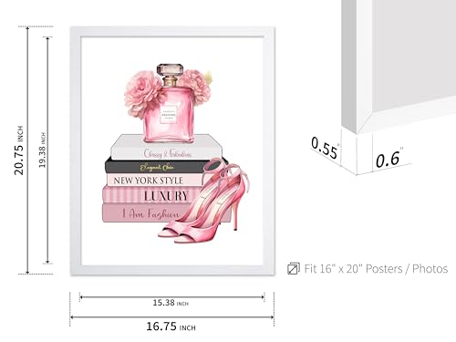 Image of Poster Master Fashion Print - Pink Designer Poster - Shoes & Perfume Art - Chic Gift for Her & Fashionista - Luxury Haute Couture Decor for Bedroom or Girl's Room - 16x20 White Framed