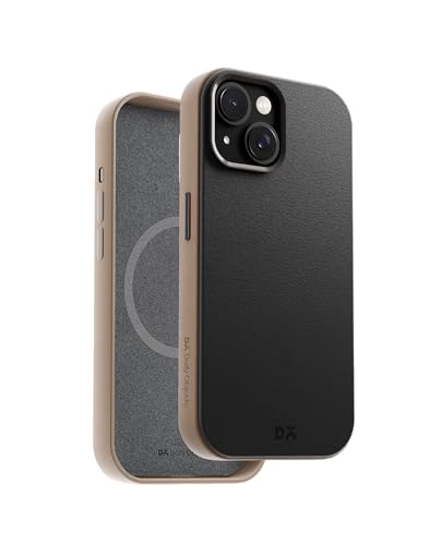 Image of DailyObjects Leatherite Case for iPhone 15 Compatible with MagSafe Wireless Charging | Black-Beige Hybrid Magnetic Back Cover