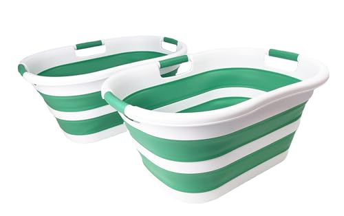 Image of SAMMART 40L (10.5 gallon) Set of 2 Collapsible Plastic Laundry Hamper - Foldable Pop Up Storage Container /Organizer - Portable Washing Tub - Space Saving Basket (2, White /Winter Green)