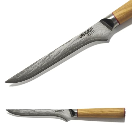 CLASSE ITALY Coltello Disosso cm 13 in Acciaio Giapponese AUS 10 a 67 strati, Affilato a mano, Manico in Olivo, Panno pulizia incluso
