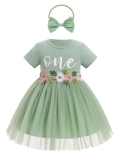 IBTOM CASTLE Baby Girl 1st Birthday Outfit One Year Old Princess Embroidered Tulle Tutu Dress and Headband for Cake Smash