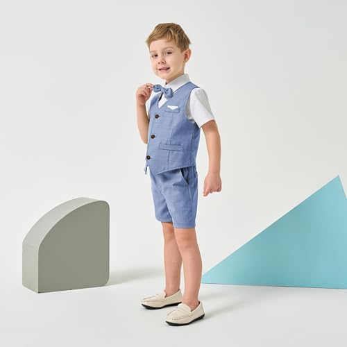 Image of Volunboy Baby Boys Summer Suits Short Sleeve Wedding Ring Bearer Outfits 4Pcs Graduation Dress Vest Shirt Bowtie Shorts Set