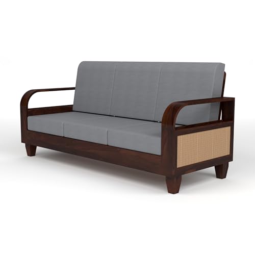 Image of Sheesham Wooden 3 Seater Sofa for Living Room | Solid Wood Sofa with Rattan Cane Side Rack | Rosewood Sofa Set for Home & Office | Lounge (Walnut, 3 Seater)