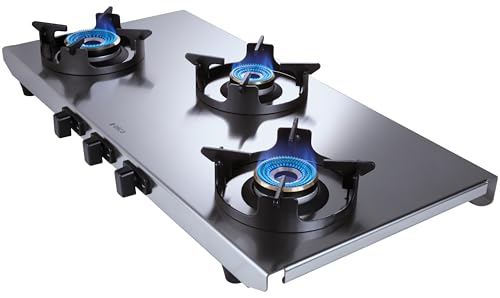 Image of Elica 3 Burner 2mm Stainless Steel Gas Stove | INOX HD 3B 77 | 77cm Wide Layout, Forged Brass Burners - 1 Jumbo 1 Medium 2 Small Burners, Crown Shape Pan Support, 2 Yr Warranty