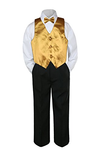 4pc Baby Toddler Kid Boy Party Suit Black Pants Shirt Vest Bow tie Set Sm-4T (3T, Gold)
