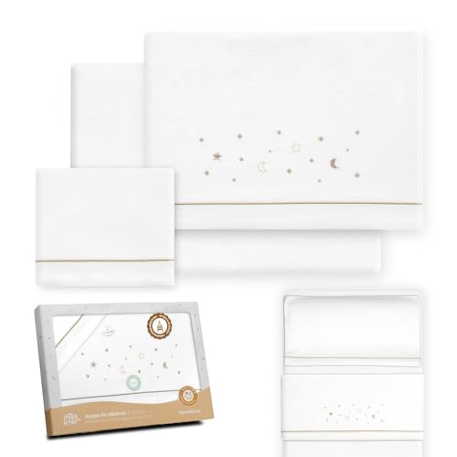 Interbaby - Juego Sabanas Minicuna 50x80 Algodón 100% | Sabana Cuna Bebe Franela, Cálida | Incluye Sabana Bajera, Encimera y Funda de Almohada | Ideal Invierno | Estrellas Luna Blanco/Beige