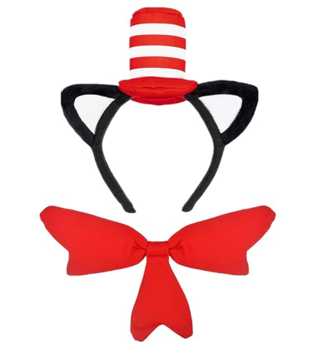 HIPIHOM Cat Ears Headband with Hat Red and White Striped Hat and Bow Tie Set Cat and Hat Costume Headwear Accessories for Women Men Halloween Party Favors