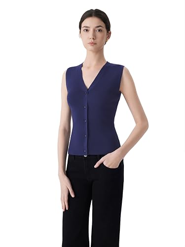 Image of SUUKSESS Women Sleeveless Sweater Tops Summer V Neck Button Down Vest Tops Business Casual Work Shirts