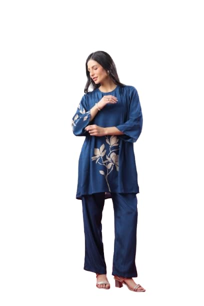 jisora Women's Blue Printed Russian Silk Co-ord Set-picture-5