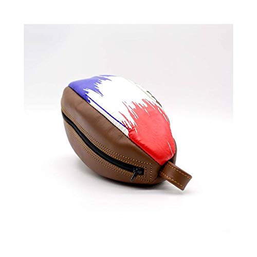 ALL SPORT VINTAGE - Trousse De Toilette Ballon de Rugby - Marron Vintage Et Drapeau Français - Cuir De Vachette - Cousu Main.