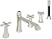 ROHL BELLIA BATH FIVE HOLE DECK MOUNTED TUB FILLER IN POLISHED NICKEL WITH METAL CROSS HANDLES, 8 9/32" REACH SPOUT, DIVERTER, SINGLE FUNCTION ABS HANDSHOWER AND 3/4" NPT CONNECTORS