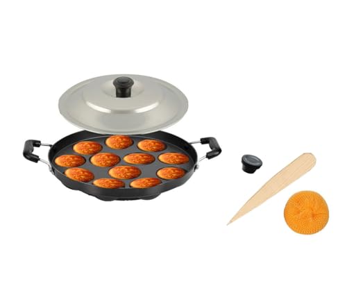 Satre Online And Marketing Non Stick Aluminium Appam Pan with Steel Lid, 12 Pits, Black & Silver