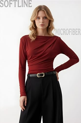 Image of SIGHTBOMB SOFTLINE Asymmetric Boat Neck FRONTFLOW Gathered Waterfall Afford LUX Edition Formal WEAR Long Sleeve Feather Touch TOP for Women