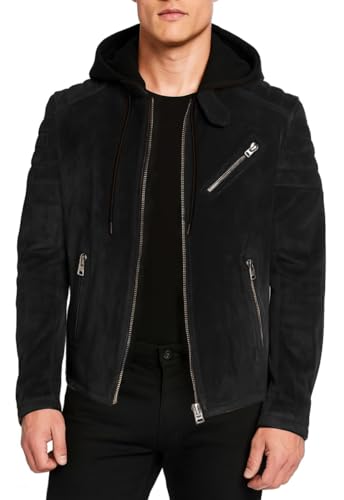 Image of Blaq Ash Men's Suede Biker Jacket with Removable Hood, Quilted Sleeves, Black, Brown, Grey