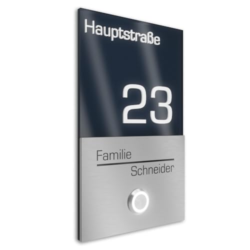 Graviers Design V2A sonnette de porte en acier inoxydable avec numéro de maison rue noms gravure - 110x180mm bouton LED plaque design moderne acrylique anthracite