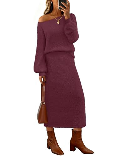 طقم ملابس شتوية منفوشة من قطعتين لخريف 2025 للنساء باكمام طويلة ورقبة على شكل قارب وتنورة ماكسي متطابقة من ميروكيتي، لون نبيتي، مقاس M