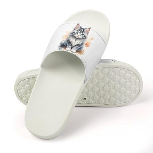 Watercolor Gray Blue And White Cat Funny House Sandals Non Slip Shower Slippers Quick Drying Bathroom Shoes for Women Men4