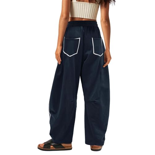 Image of Barrel Pants Women Casual Cargo Wide Leg Baggy Sweatpants Drawstring High Waisted Lounge Palazzo Pants with Pockets