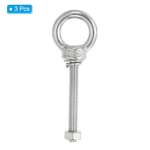 Image of PATIKIL M6 x 50mm Lifting Shoulder Eye Bolt, 3Pcs 304 Stainless Steel Lifting Ring Threaded Eyebolt with Nuts Washers for Hanging Hammocks Articles