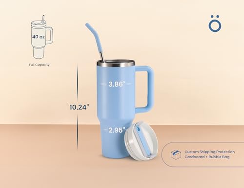 Image of KooK Stainless Steel Tumbler, with Straw and Handle, Leakproof, Vacuum Insulated Travel Coffee Mug, Reusable Double Walled Water Bottle, Keeps Hot or Cold, 40 oz, Sky Blue