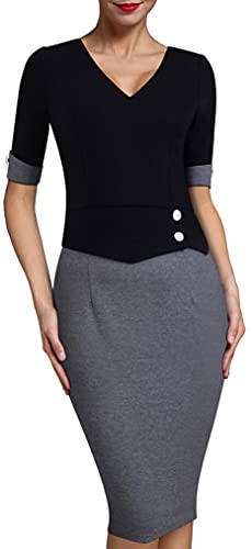 HOMEYEE Women's Official Wear to Work Half Sleeve V Neck Pencil Bodycon Dress B364 (6, Black + Gray)