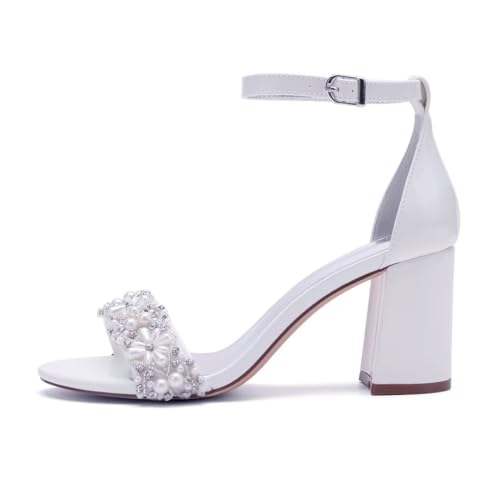 Image of Pearl Wedding Shoes for Bride Block Heel Wedding Sandals Open Toe Bridal Heels