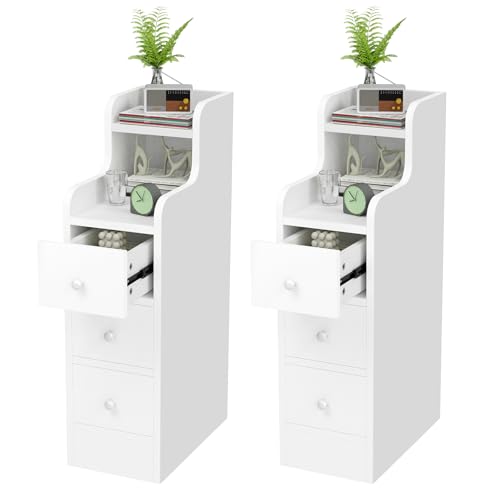 HaodaCulture Juego de 2, Mesita de Noche Estrecha, 2 Compartimentos y 3 Cajón, 35x20x70cm, Mesa de Noche, Estilo Moderno, Mesita Auxiliar Alta de Madera, Blanco